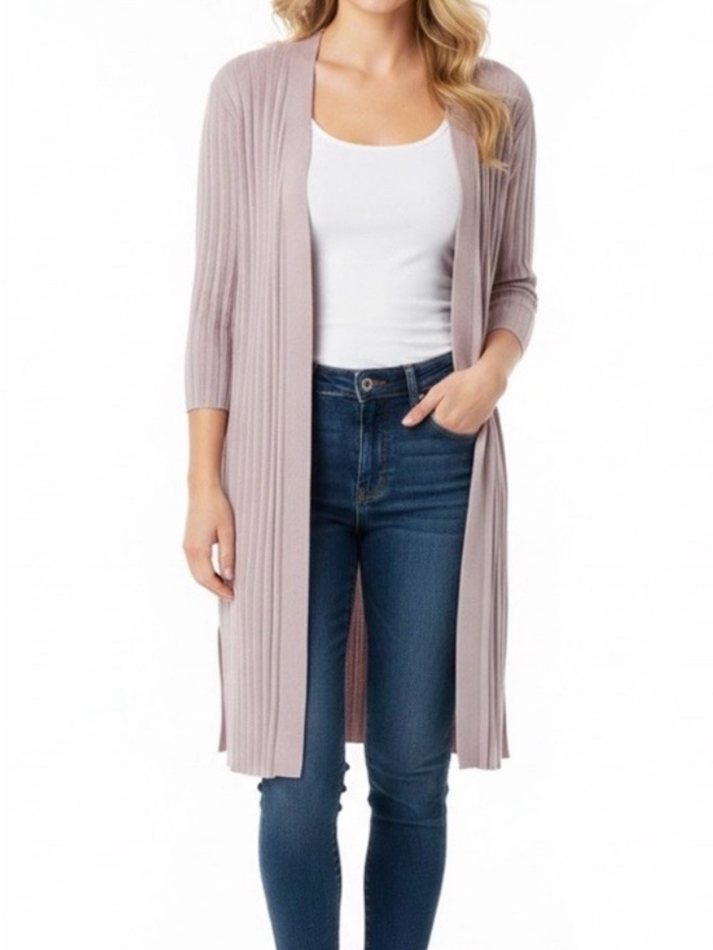 Chico's Dusty Mauve Ribbed Open-Front Long Cardigan